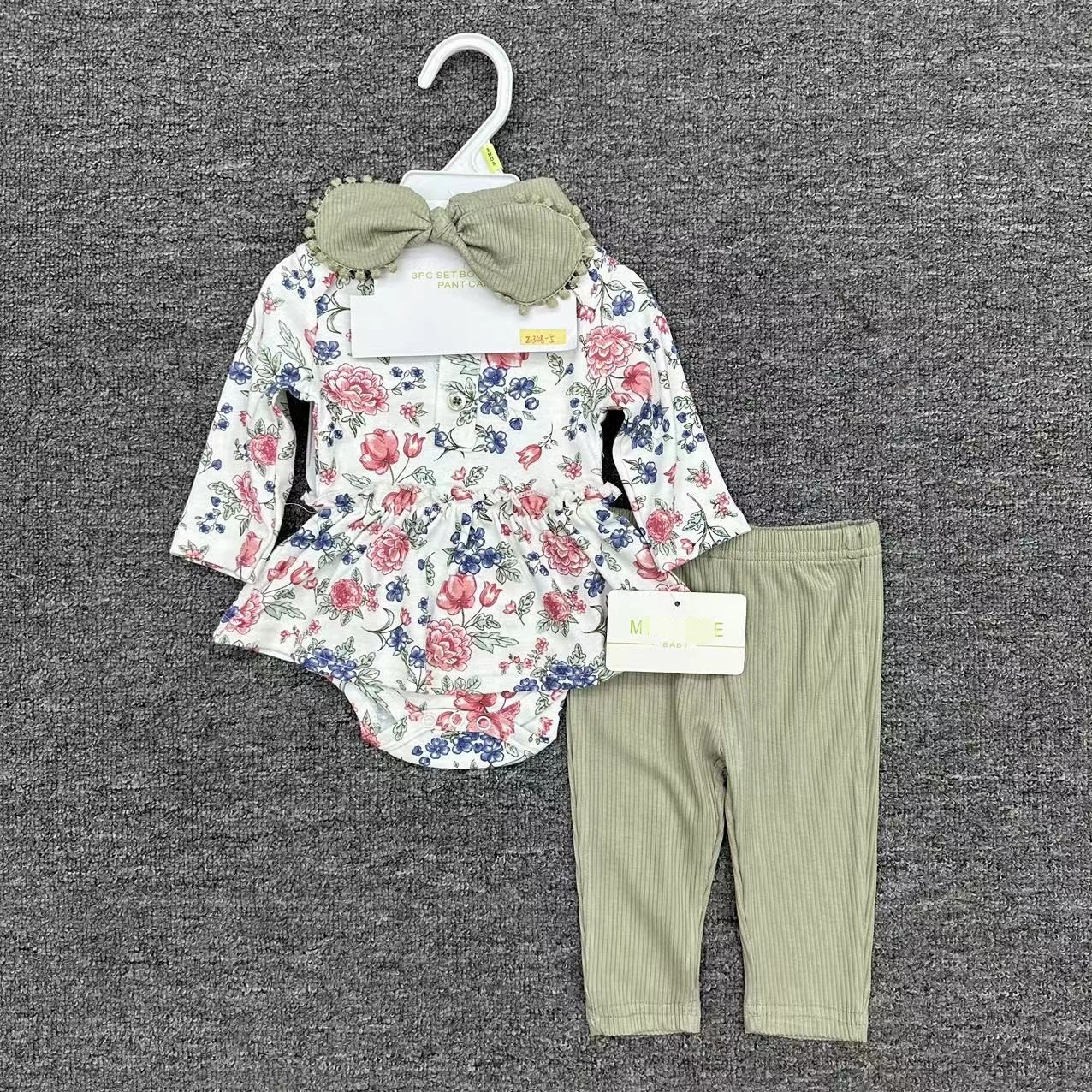 3 In 1 Newborn Baby Girl Outfits With Hairband Skirt And Pants Hot Sale Full Printing Cotton Fabric Baby Romper Set