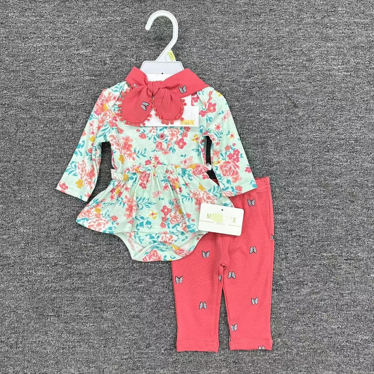 3 In 1 Newborn Baby Girl Outfits With Hairband Skirt And Pants Hot Sale Full Printing Cotton Fabric Baby Romper Set