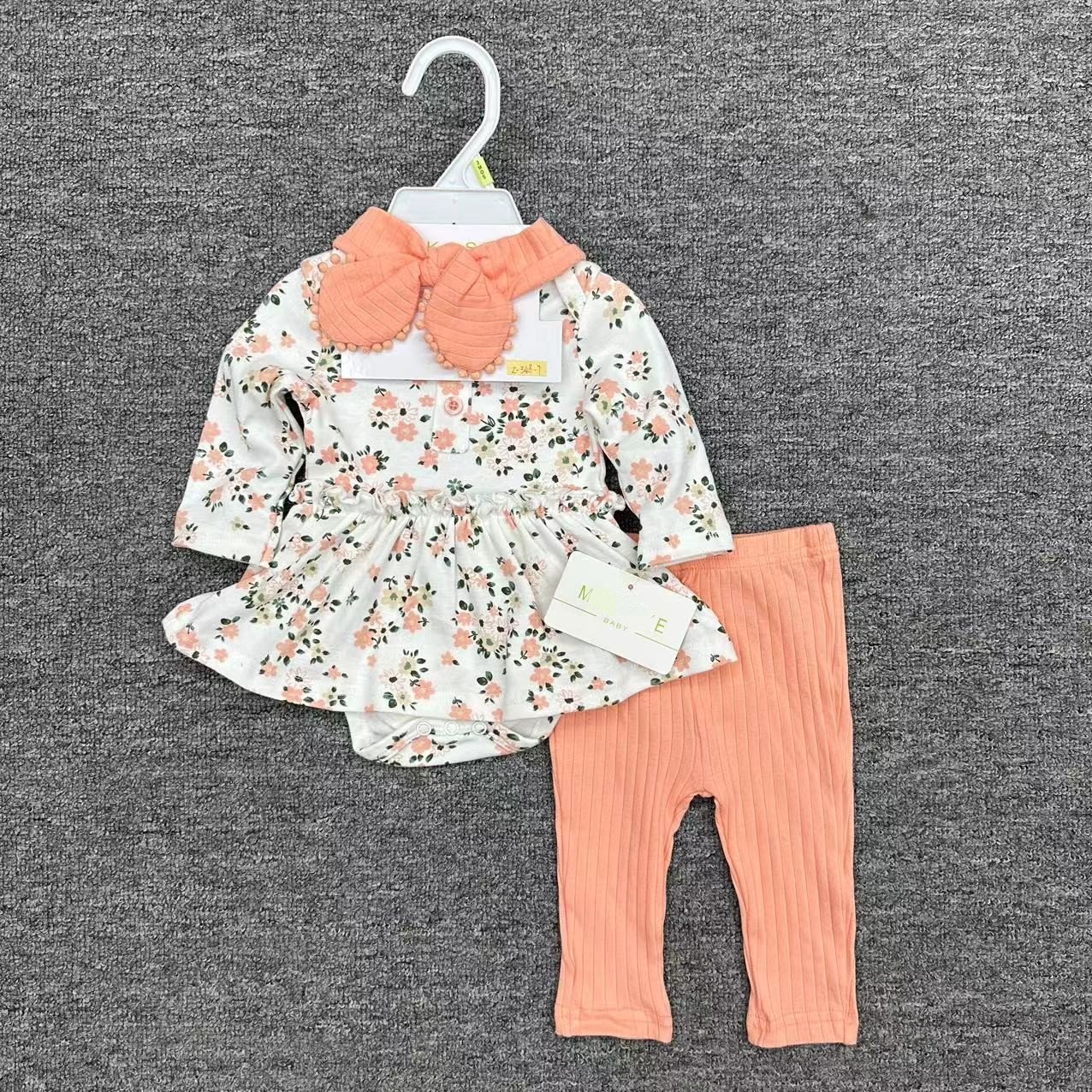 3 In 1 Newborn Baby Girl Outfits With Hairband Skirt And Pants Hot Sale Full Printing Cotton Fabric Baby Romper Set