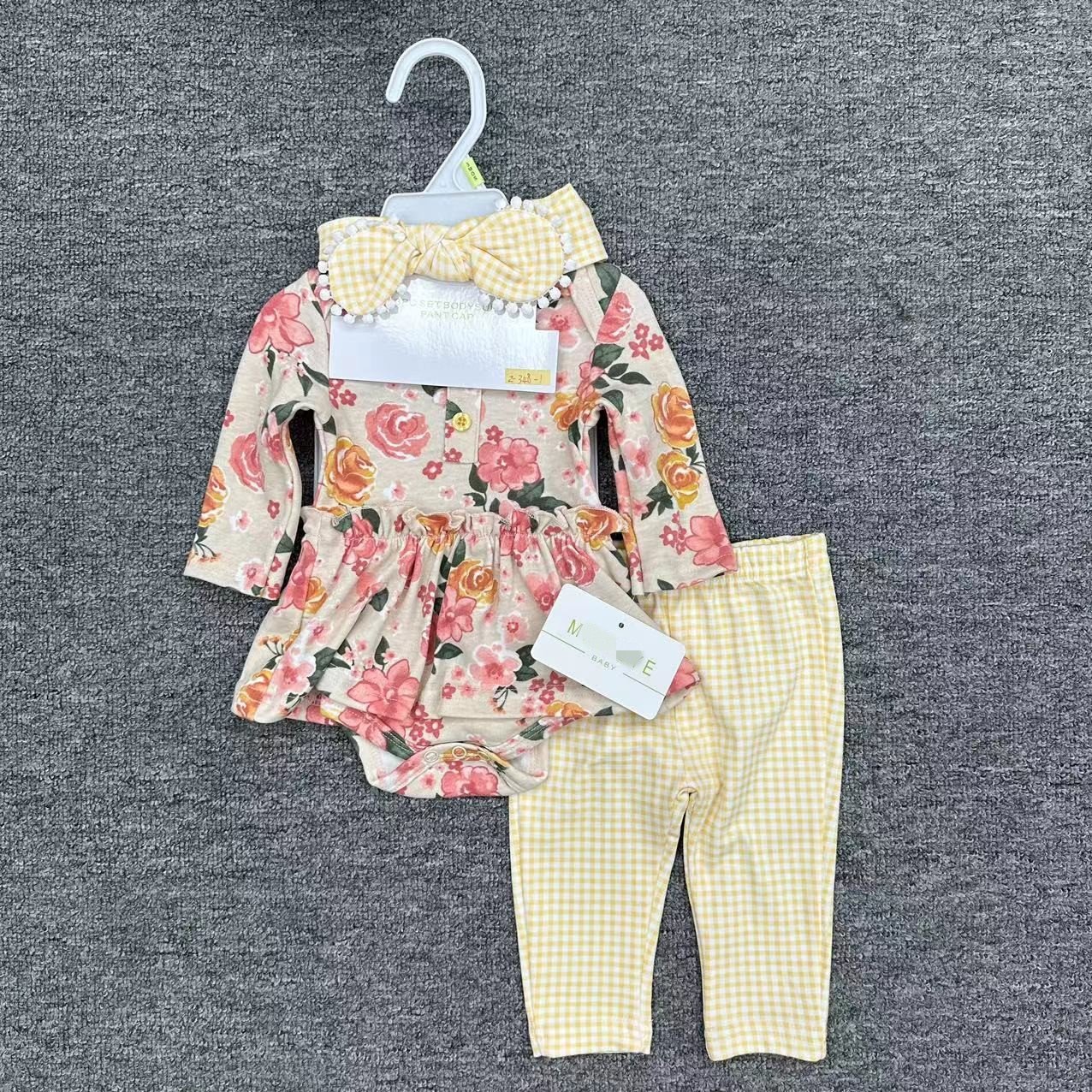 3 In 1 Newborn Baby Girl Outfits With Hairband Skirt And Pants Hot Sale Full Printing Cotton Fabric Baby Romper Set