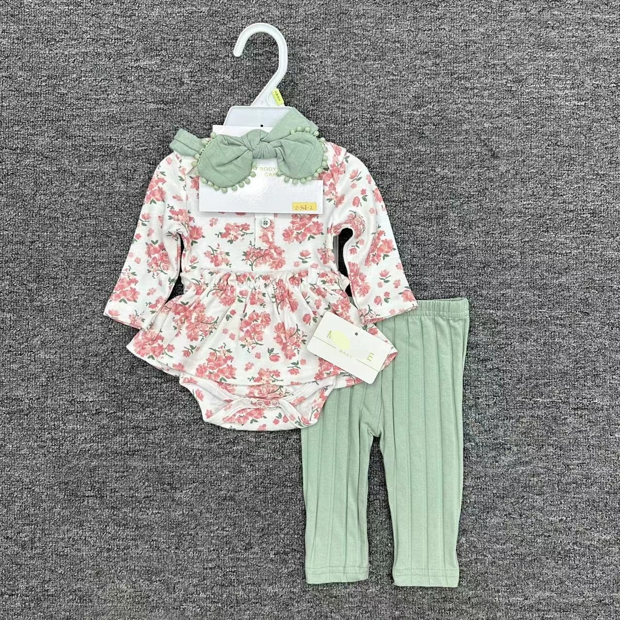 3 In 1 Newborn Baby Girl Outfits With Hairband Skirt And Pants Hot Sale Full Printing Cotton Fabric Baby Romper Set