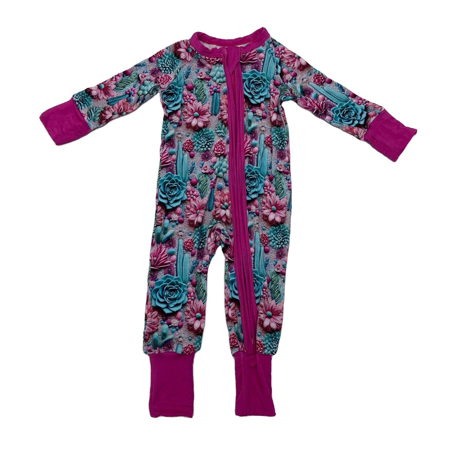 Qingli Oem Hot Selling Customized Floral Printed Bamboo Baby Girl Zipper Toddler Baby Romper