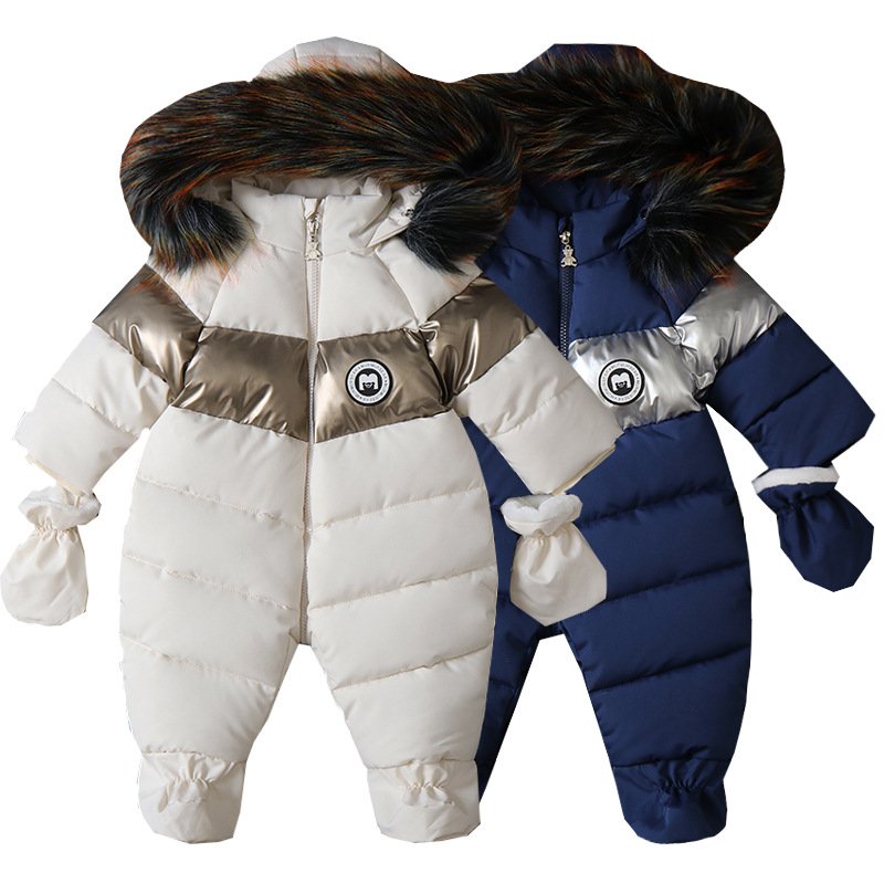 Newborn Winter Warm Fashion Color Block Thick Plush Baby Rompers Clothes