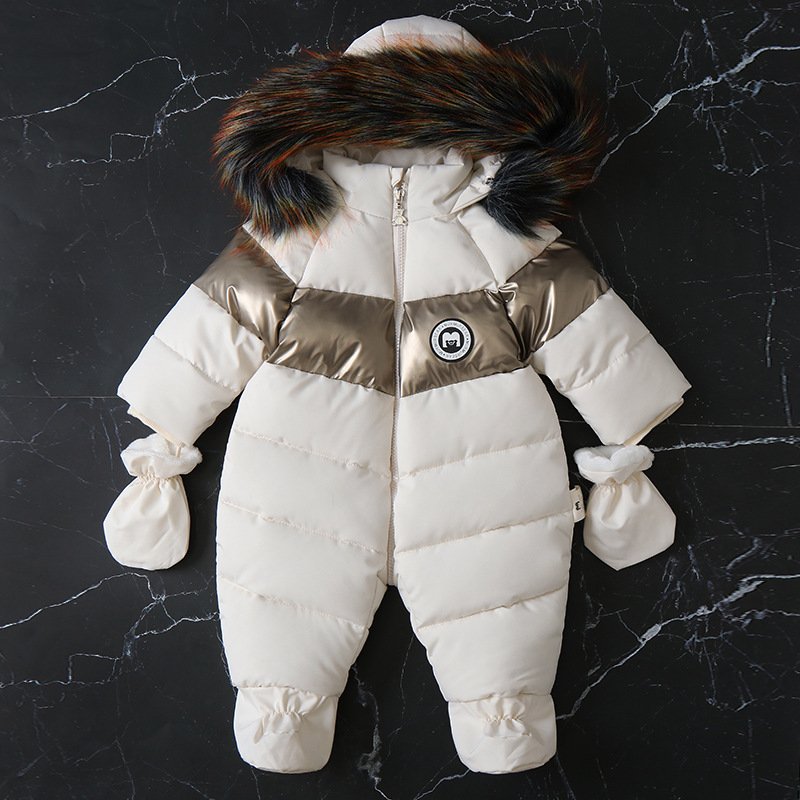 Newborn Winter Warm Fashion Color Block Thick Plush Baby Rompers Clothes