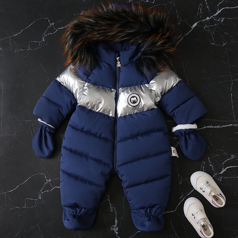 Newborn Winter Warm Fashion Color Block Thick Plush Baby Rompers Clothes