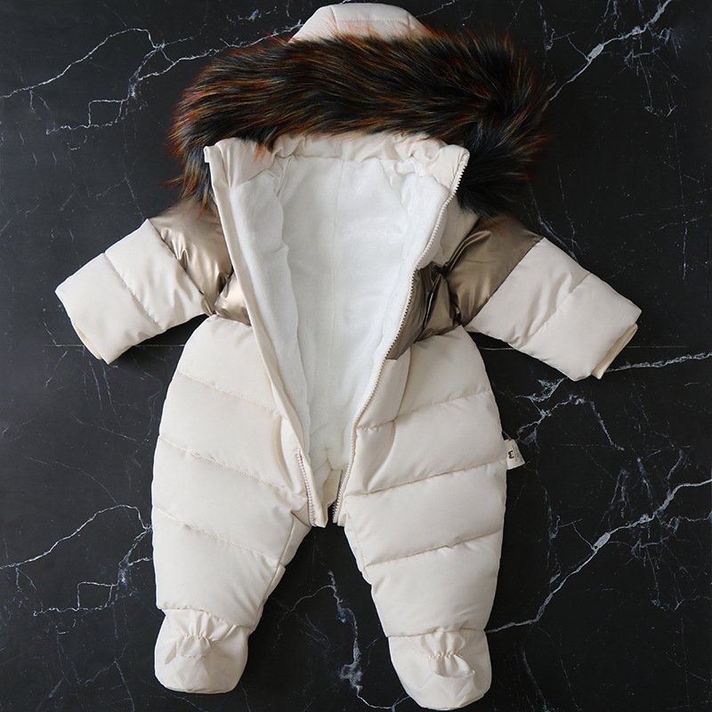 Newborn Winter Warm Fashion Color Block Thick Plush Baby Rompers Clothes