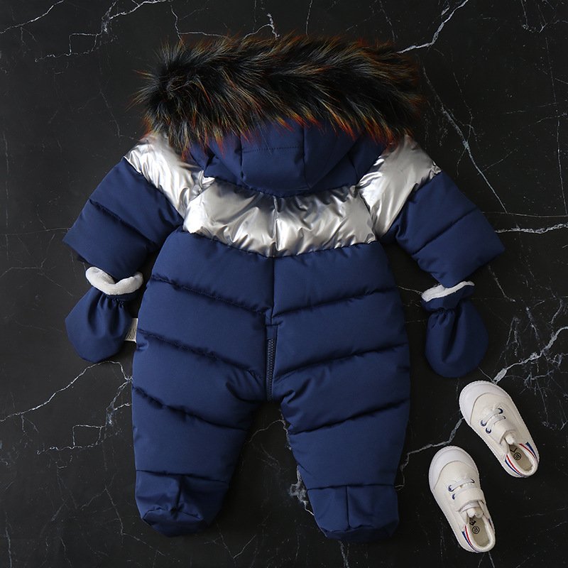Newborn Winter Warm Fashion Color Block Thick Plush Baby Rompers Clothes