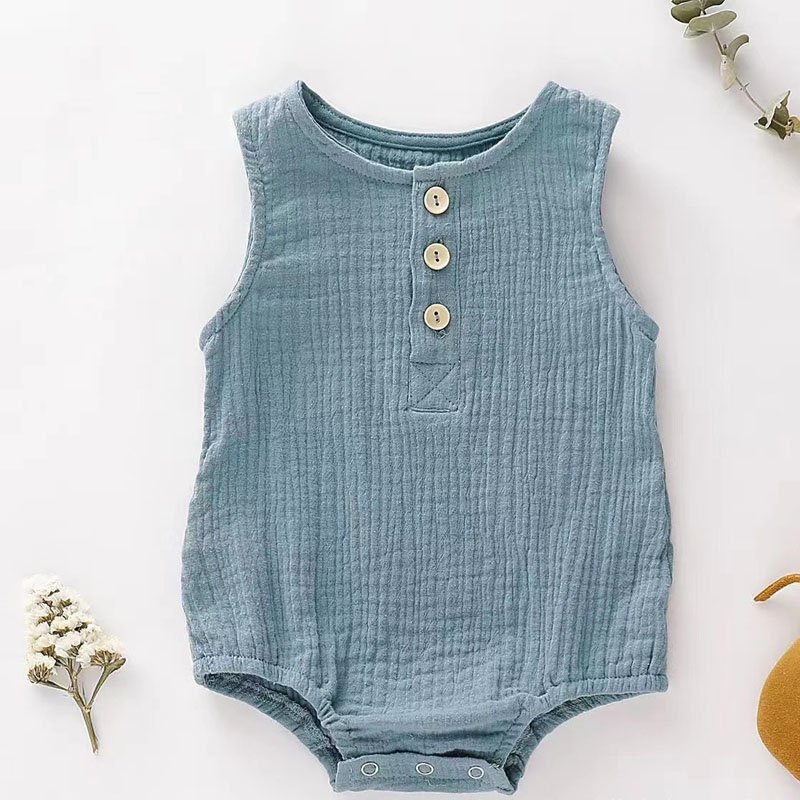 Customize Baby Clothes Newborn Sleeveless Jumpsuit Infant Organic Linen Cotton Bodysuit Button Design Baby Romper