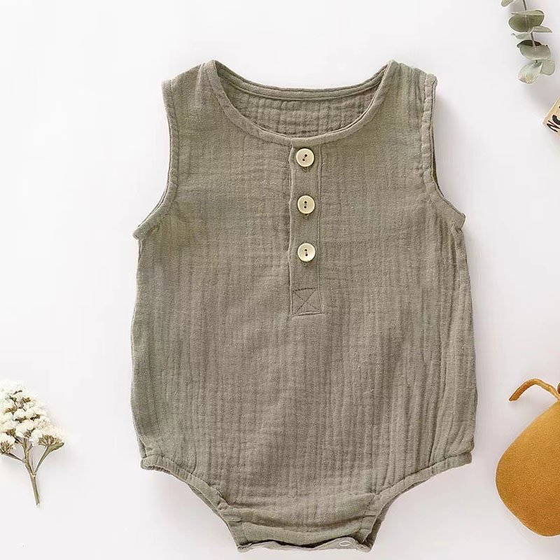 Customize Baby Clothes Newborn Sleeveless Jumpsuit Infant Organic Linen Cotton Bodysuit Button Design Baby Romper