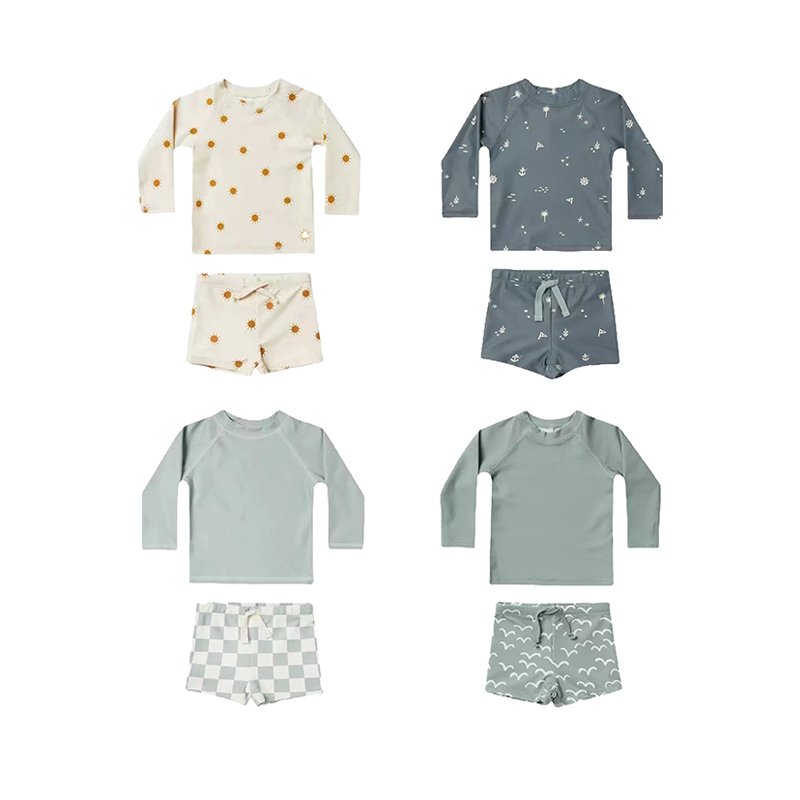 Newborn Toddler Boy Baby Kid Printed Summer Days Cartoon Lattice 2 Pieces Swimsuit Swimwear