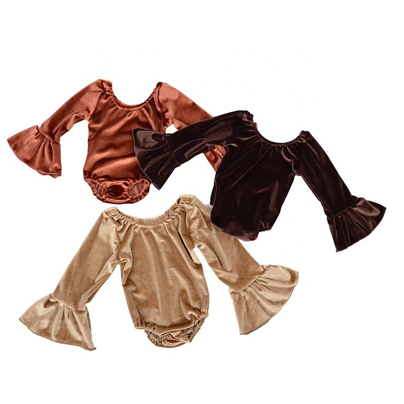 QL2021 kid boutique wholesale infant toddler onesie solid velvet bellsleeve leotard valentines day romper