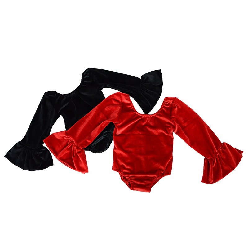 QL2021 kid boutique wholesale infant toddler onesie solid velvet bellsleeve leotard valentines day romper
