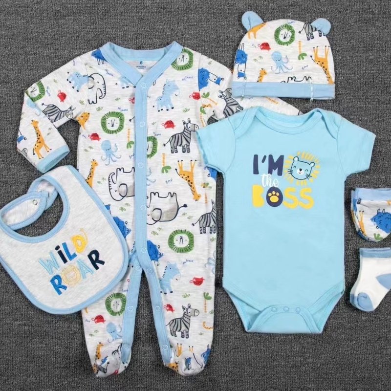 Pajama Suit For Kids High Quality Pajama For Kids Cotton 6 Pcs Sets Infant Baby Romper + Hat + Socks + Gloves + Bib