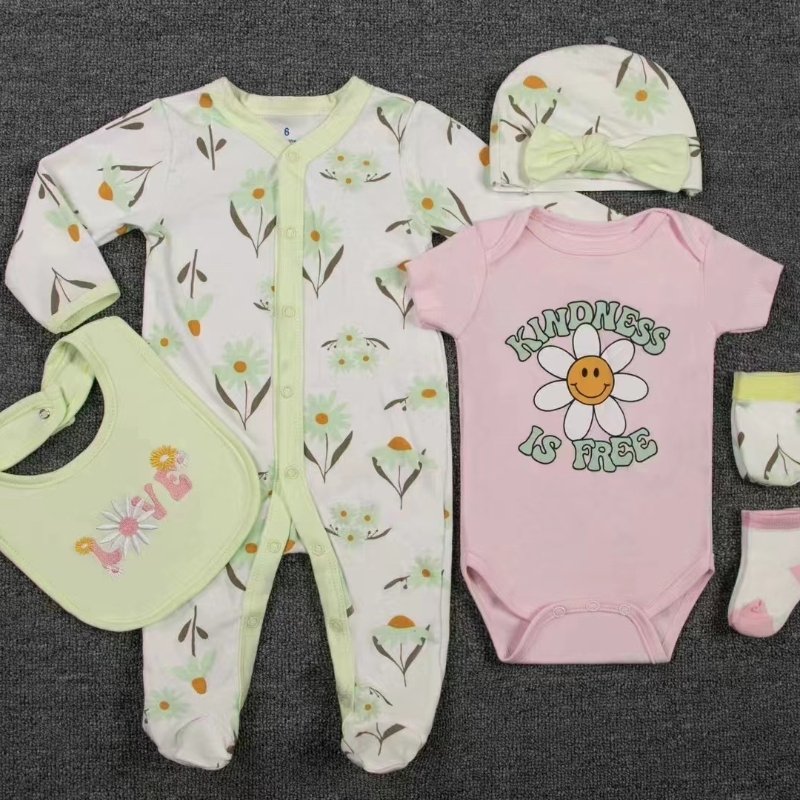 Pajama Suit For Kids High Quality Pajama For Kids Cotton 6 Pcs Sets Infant Baby Romper + Hat + Socks + Gloves + Bib