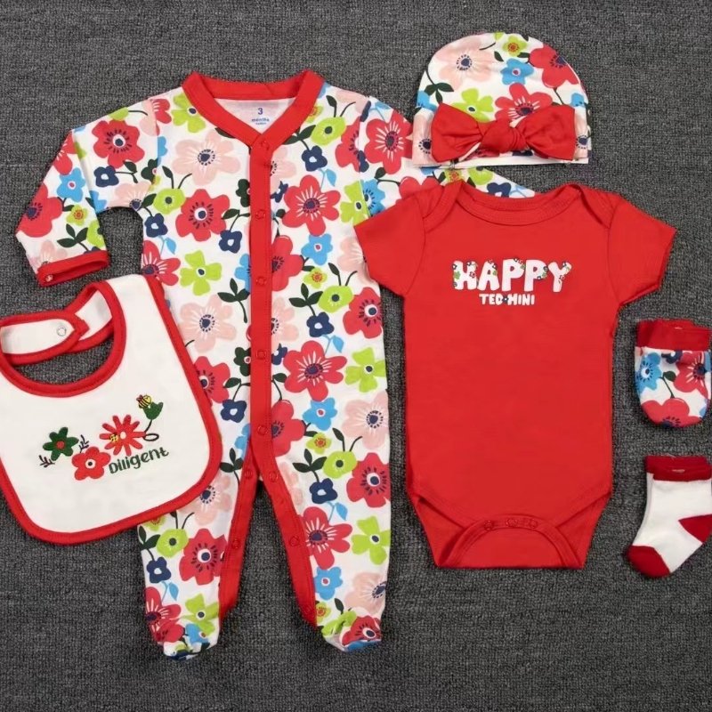 Pajama Suit For Kids High Quality Pajama For Kids Cotton 6 Pcs Sets Infant Baby Romper + Hat + Socks + Gloves + Bib