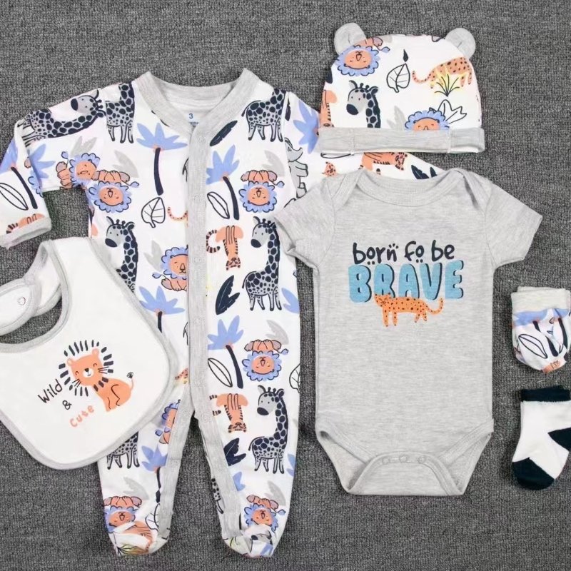Pajama Suit For Kids High Quality Pajama For Kids Cotton 6 Pcs Sets Infant Baby Romper + Hat + Socks + Gloves + Bib