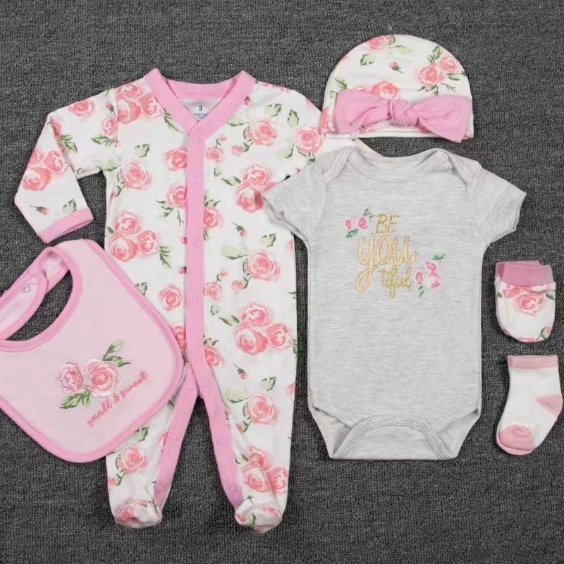 Pajama Suit For Kids High Quality Pajama For Kids Cotton 6 Pcs Sets Infant Baby Romper + Hat + Socks + Gloves + Bib