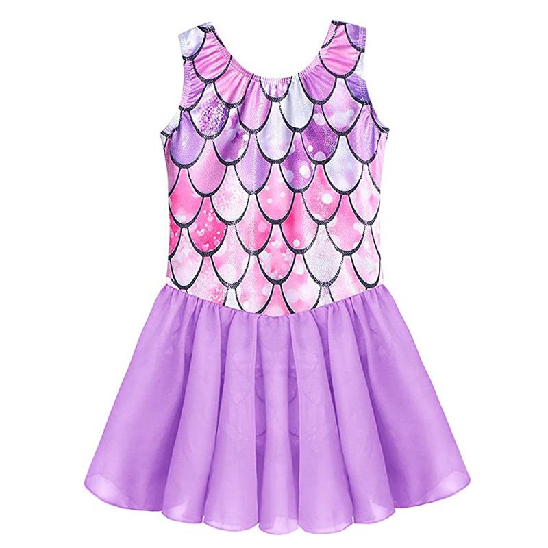Children dance wear girl's summer tight fit leotard kids Mermaid Printed Chiffon skirt one piece tutu dress rompers