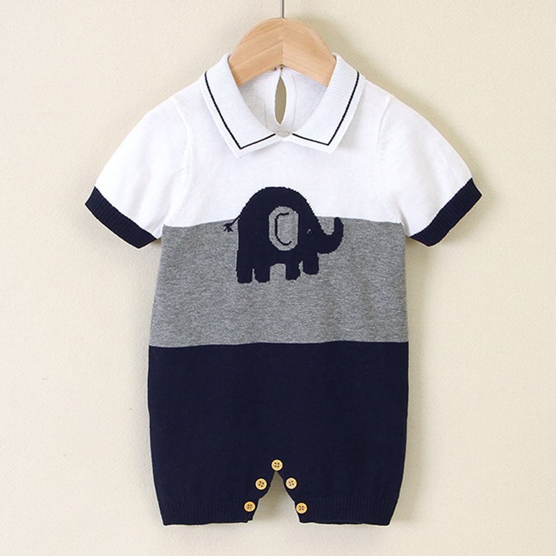 Wholesales Summer 100% Cotton Short Sleeves Turn Down Collar Elephant Animal Kids Clothes Baby Boys' Rompers Sweater