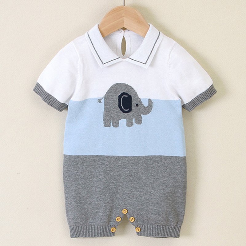 Wholesales Summer 100% Cotton Short Sleeves Turn Down Collar Elephant Animal Kids Clothes Baby Boys' Rompers Sweater