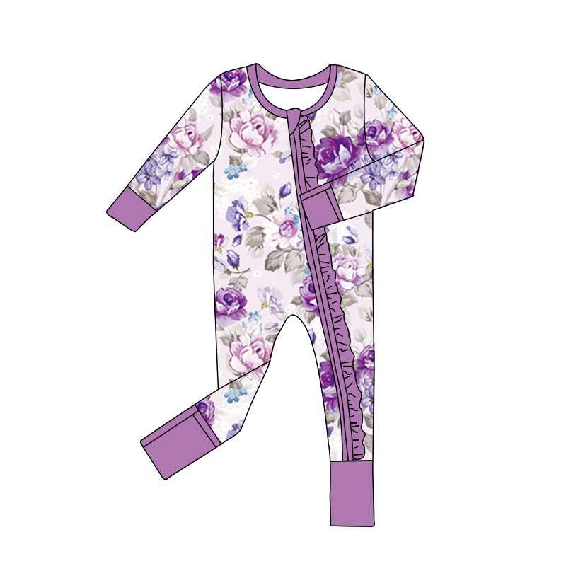 Hot Sale Cheap Factory Price Kids Clothing Bamboo Fabric Ruffled Lace Concealed Zipper Long Romper Soft Baby Winter Pajamas