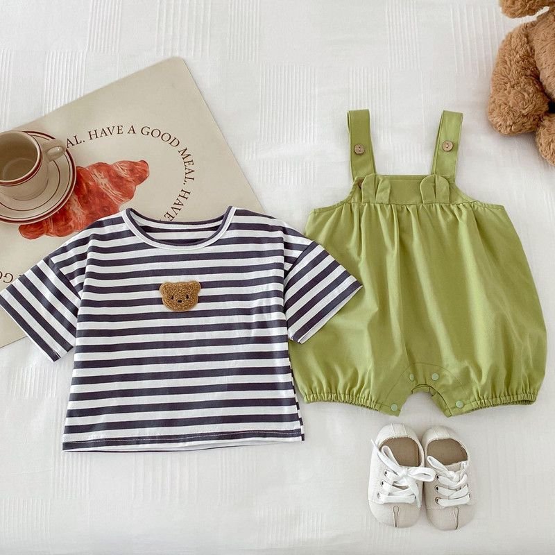 newborn baby clothes summer thin casual striped short sleeved waistband pants set baby summer two piece stock baby romper