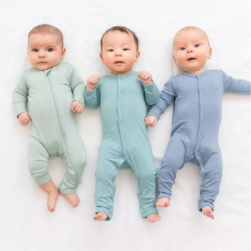 Spring Autumn Infant Toddler Unisex Bamboo Viscose Footie Double Zipper Solid Long Sleeves Overall Pajamas Baby Romper