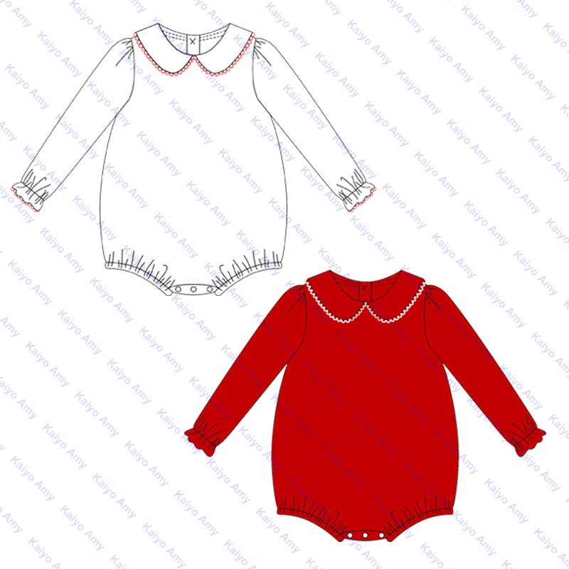 Embroidery baby girl romper with picot trim 95% cotton knit Christmas baby bubble rompers winter
