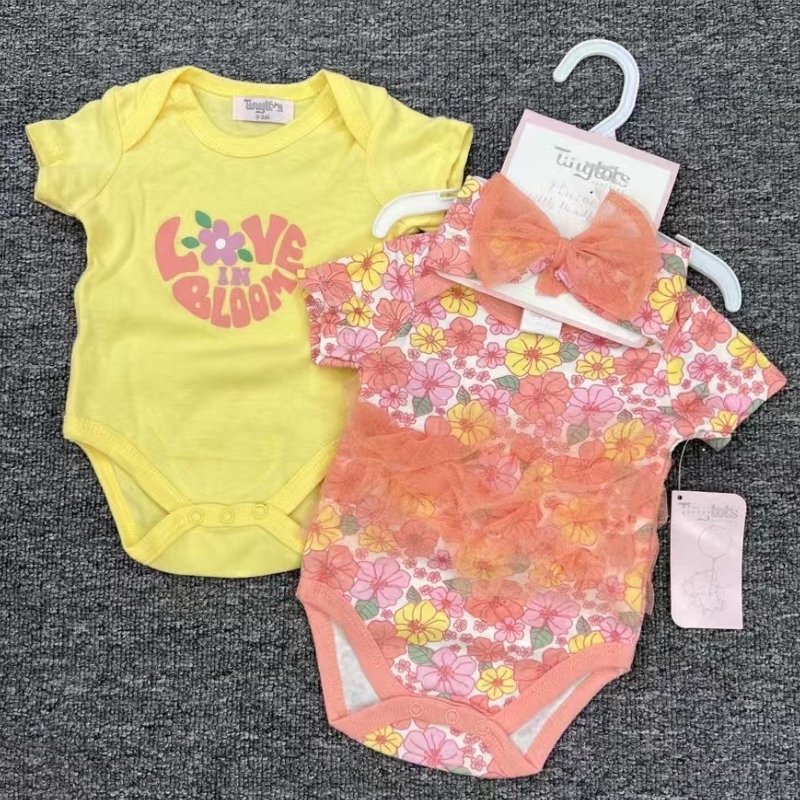 Cotton Baby Romper with Bow Headband 2 Pcs Newborn Patterned Onesies Factory Hot Sale Baby Girl Kids Clothes 3 Pcs Set