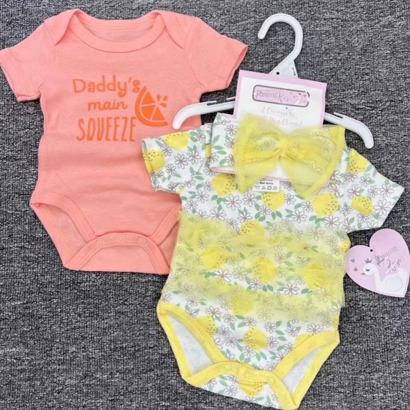 Cotton Baby Romper with Bow Headband 2 Pcs Newborn Patterned Onesies Factory Hot Sale Baby Girl Kids Clothes 3 Pcs Set