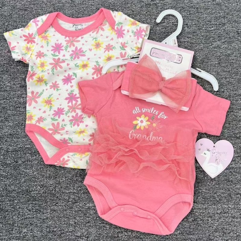 Cotton Baby Romper with Bow Headband 2 Pcs Newborn Patterned Onesies Factory Hot Sale Baby Girl Kids Clothes 3 Pcs Set