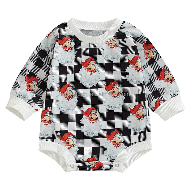 Hot Selling Christmas Checkered Santa Print Newborn Long Sleeve Winter Oversized Sweater Bubble Romper For Baby Girl