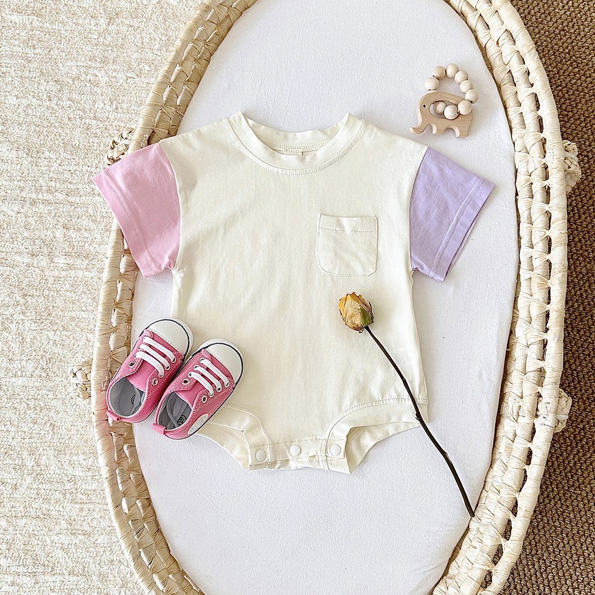 Summer Infant Baby Clothing Boy Girl Patchwork Short Sleeve Round Neck Casual Short Sleeve Romper