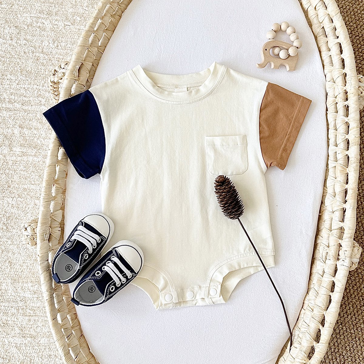 Summer Infant Baby Clothing Boy Girl Patchwork Short Sleeve Round Neck Casual Short Sleeve Romper