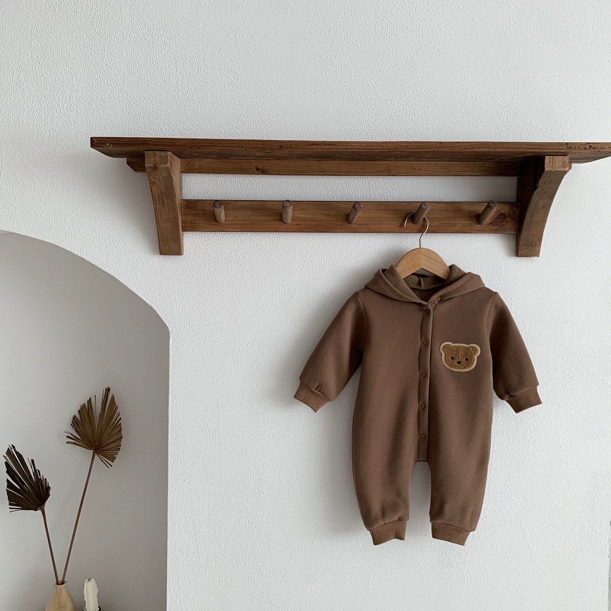 Q20865 2022 Long Sleeve fleece romper Infant Toddler Cotton Button Jumpsuits Solid color bear Kids Baby Boy's Hooded Coveralls