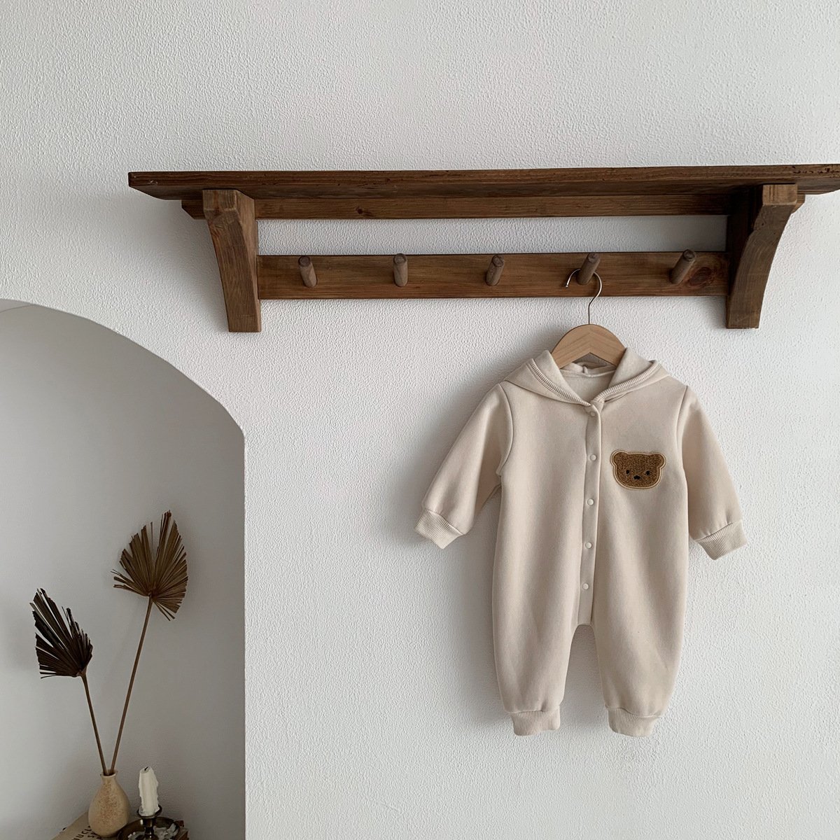Q20865 2022 Long Sleeve fleece romper Infant Toddler Cotton Button Jumpsuits Solid color bear Kids Baby Boy's Hooded Coveralls