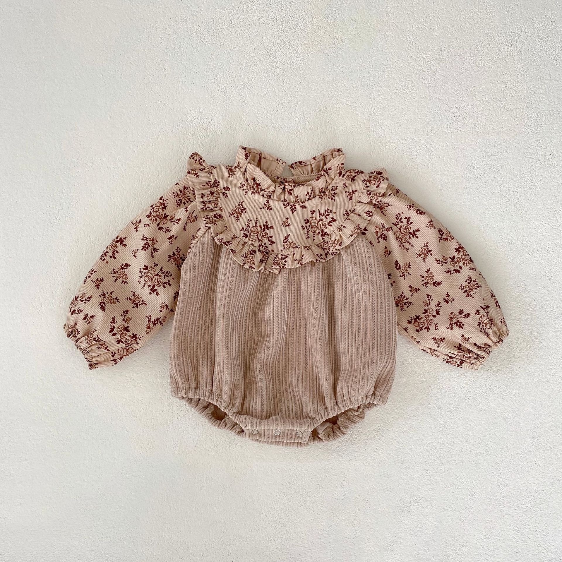 Autumn baby jumpsuit corduroy baby girls romper newborn patchwork printed standing collar one piece triangle romper