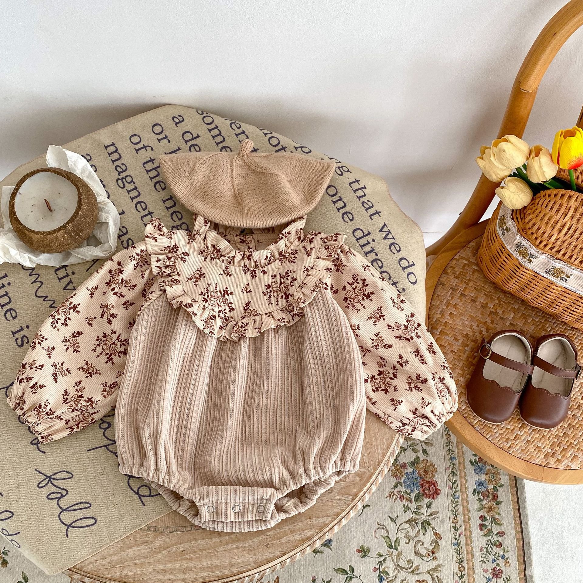 Autumn baby jumpsuit corduroy baby girls romper newborn patchwork printed standing collar one piece triangle romper