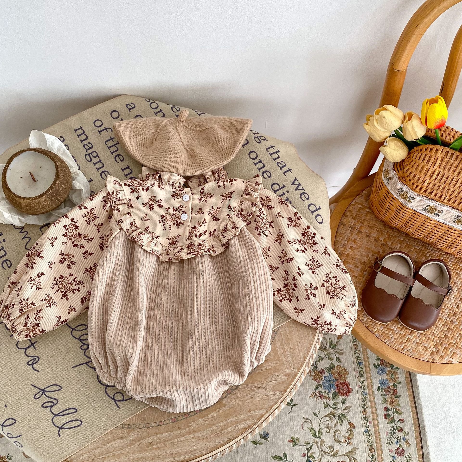 Autumn baby jumpsuit corduroy baby girls romper newborn patchwork printed standing collar one piece triangle romper