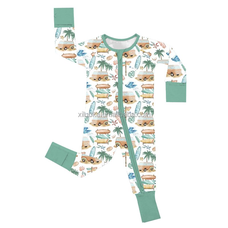 Hot Selling Long Sleeve Double Way Zipper Custom Print Infant Bamboo Viscose Baby Rompers