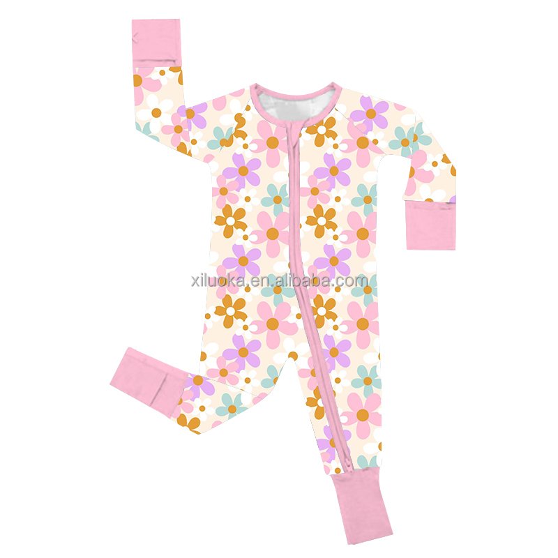 Hot Selling Long Sleeve Double Way Zipper Custom Print Infant Bamboo Viscose Baby Rompers