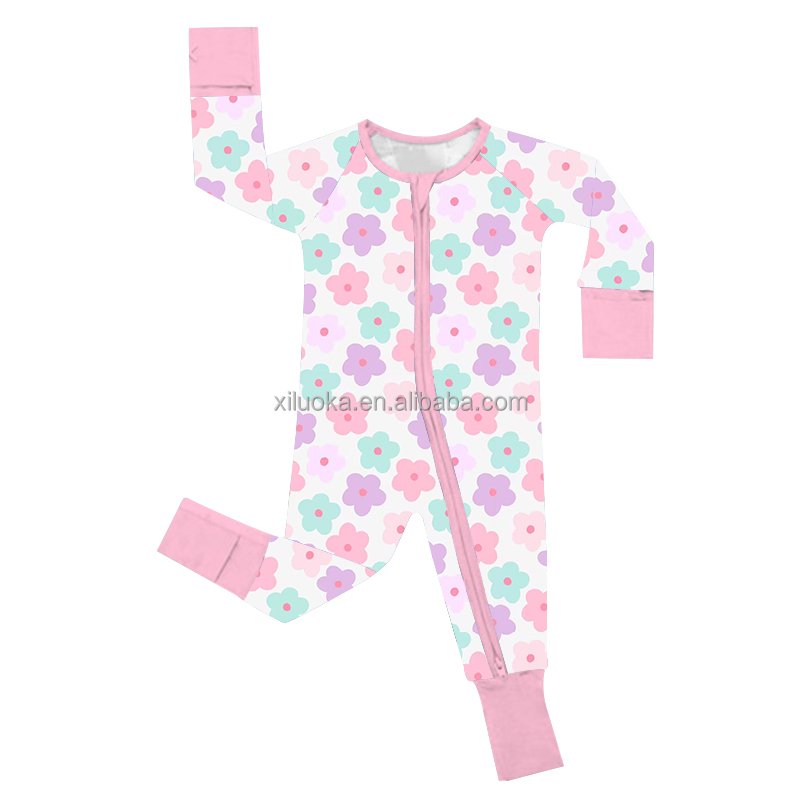 Hot Selling Long Sleeve Double Way Zipper Custom Print Infant Bamboo Viscose Baby Rompers