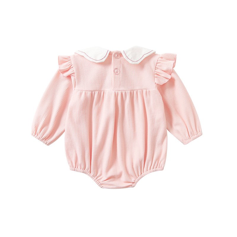 New Spring Fashion Cute Pink Baby Print Jumpsuits Hat Girls Rompers Ruffle Cotton Baby Girl Clothes