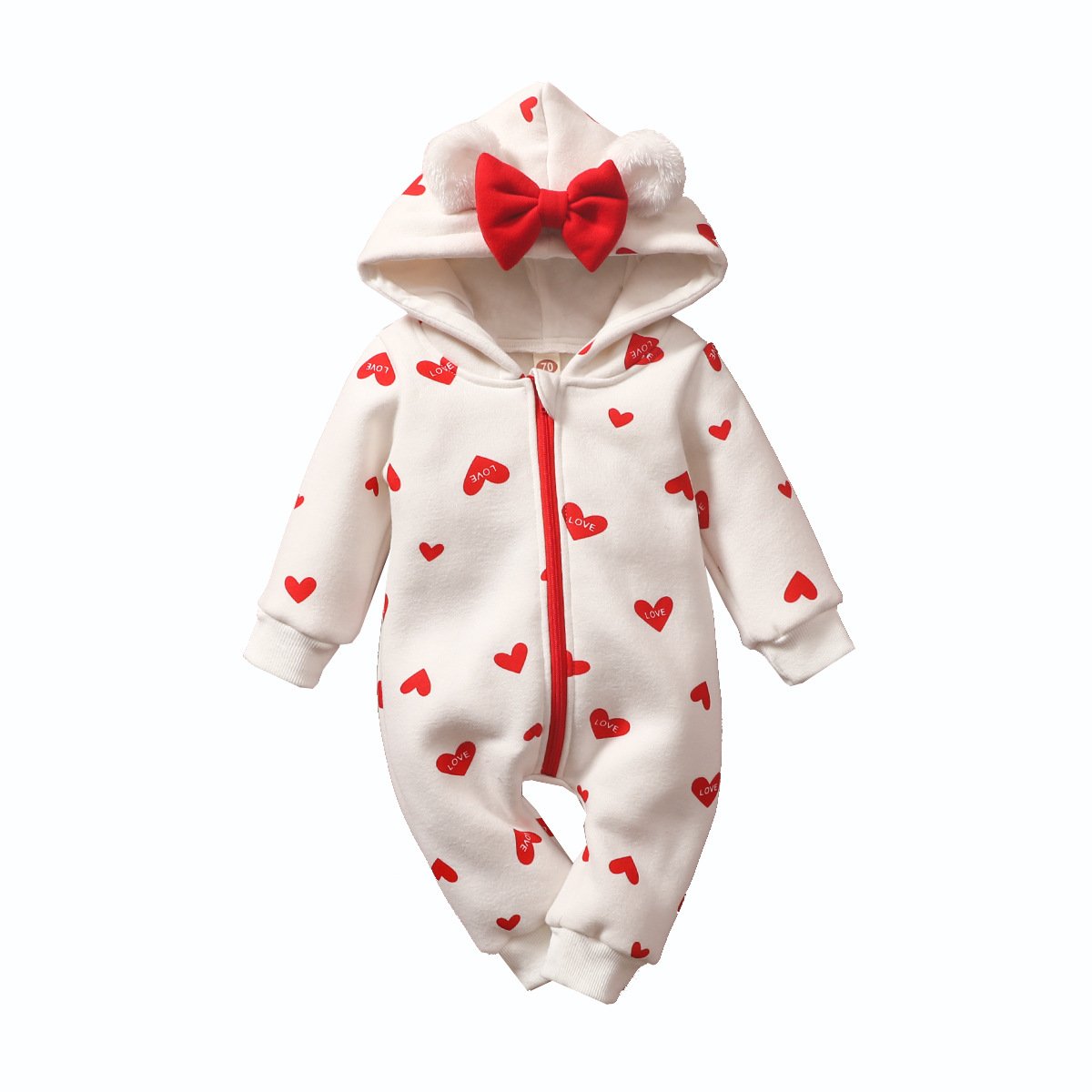 Autumn Winter Newborn Infant Baby Boys Girls Long Sleeve Warm Fleece Hooded One Piece Romper Love Heart Bow Zipper Baby Clothes