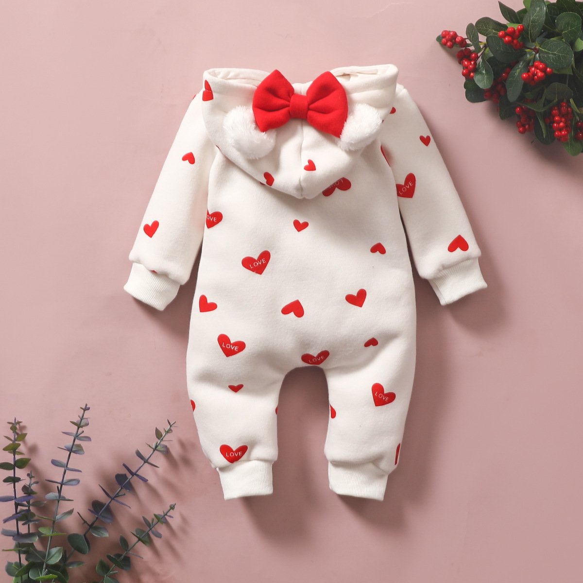 Autumn Winter Newborn Infant Baby Boys Girls Long Sleeve Warm Fleece Hooded One Piece Romper Love Heart Bow Zipper Baby Clothes