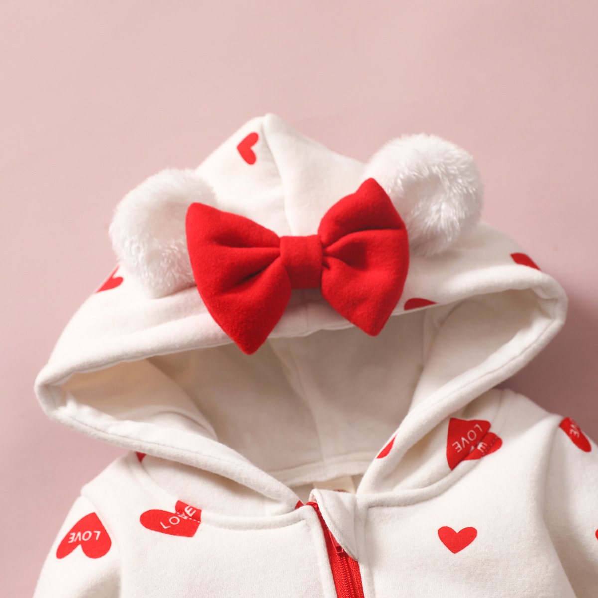 Autumn Winter Newborn Infant Baby Boys Girls Long Sleeve Warm Fleece Hooded One Piece Romper Love Heart Bow Zipper Baby Clothes