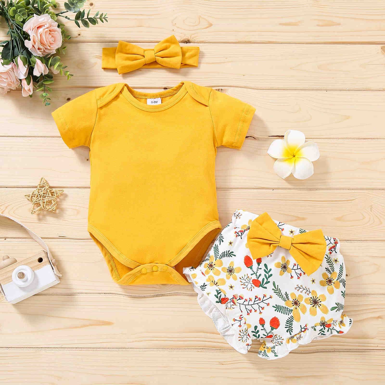 Baby Girl Summer Clothes Set Toddler Girl Romper Outfit Infant Girls Flower Print Romper + Big Bow Shorts Clothing Set