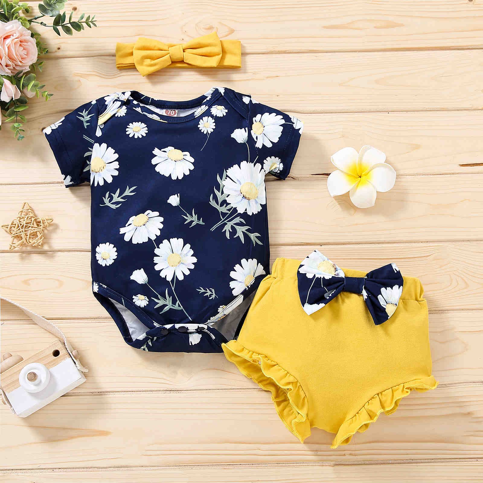 Baby Girl Summer Clothes Set Toddler Girl Romper Outfit Infant Girls Flower Print Romper + Big Bow Shorts Clothing Set