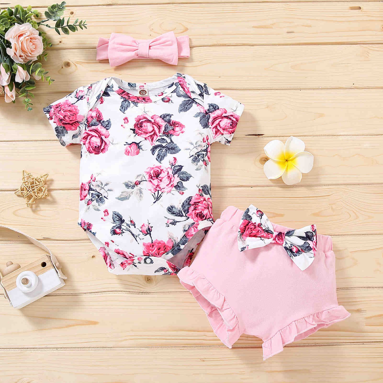 Baby Girl Summer Clothes Set Toddler Girl Romper Outfit Infant Girls Flower Print Romper + Big Bow Shorts Clothing Set
