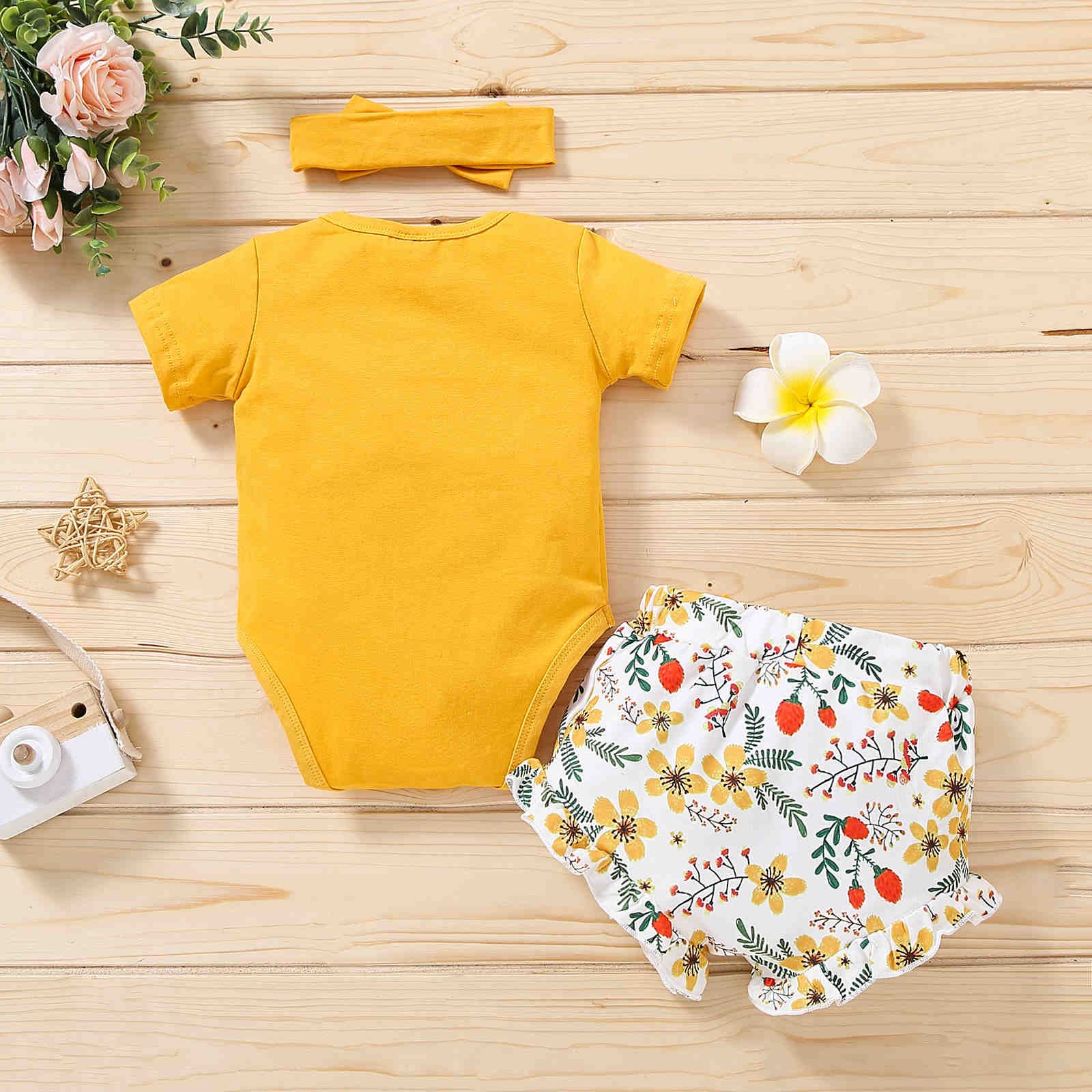 Baby Girl Summer Clothes Set Toddler Girl Romper Outfit Infant Girls Flower Print Romper + Big Bow Shorts Clothing Set